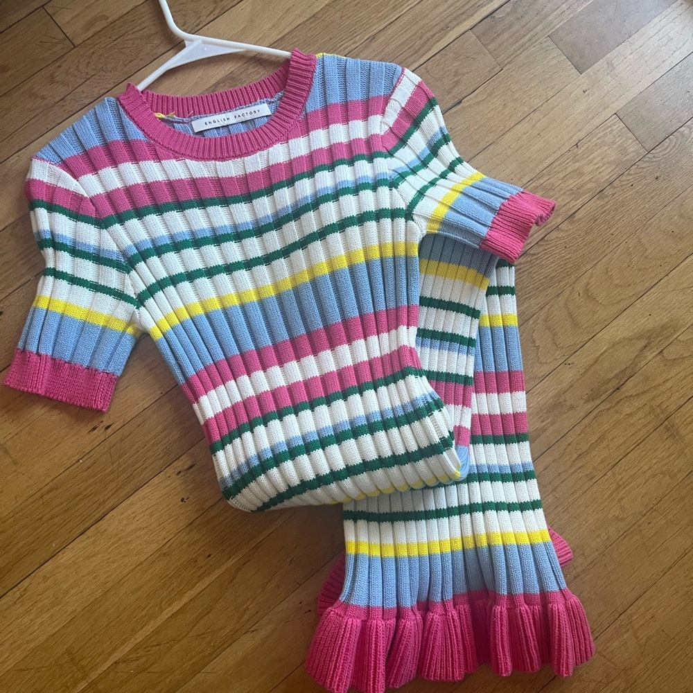 English Factory Ribbed Stripe Sweater in Pink, White & Green